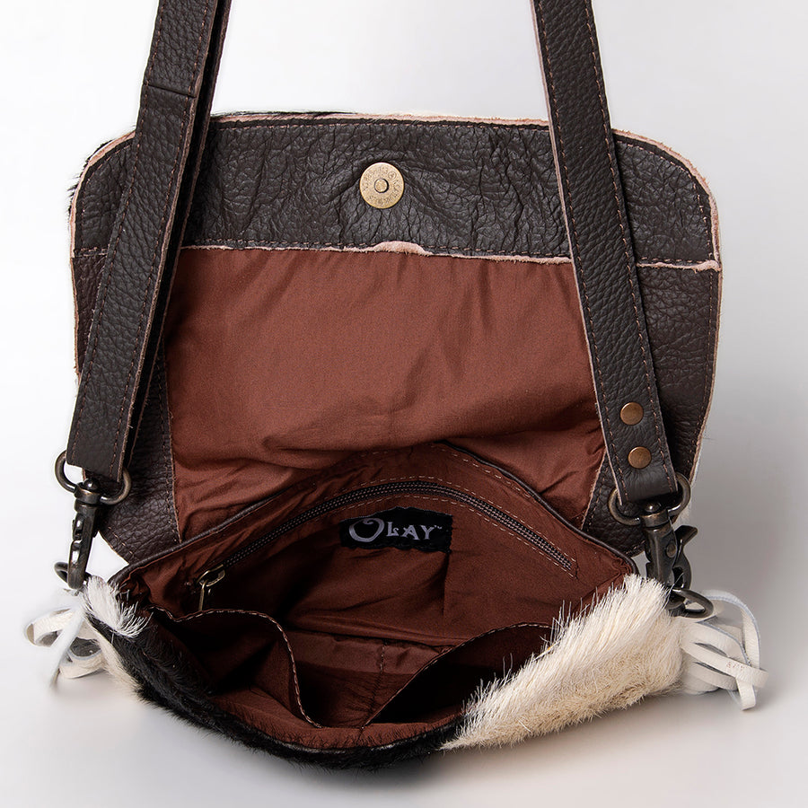 Ohlay Hair-On Leather Crossbody Purse Cactus Inlay White Fringe Handbag