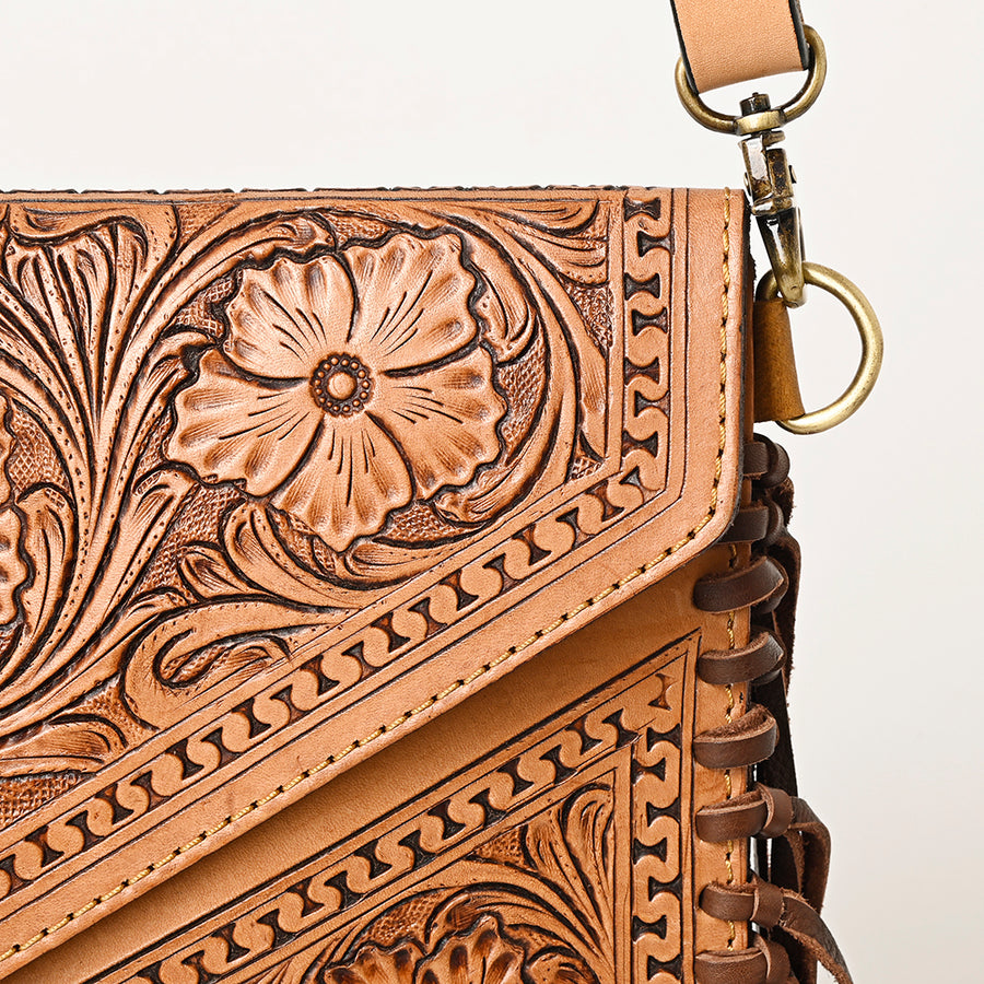 American Darling Envelope Bag, Hand Tooled Floral Carved Genuine Leather, Western Crossbody with Fringes & YKK Zipper