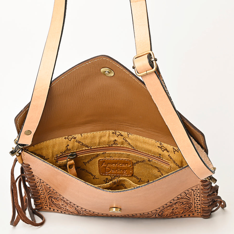 American Darling Envelope Bag, Hand Tooled Floral Carved Genuine Leather, Western Crossbody with Fringes & YKK Zipper
