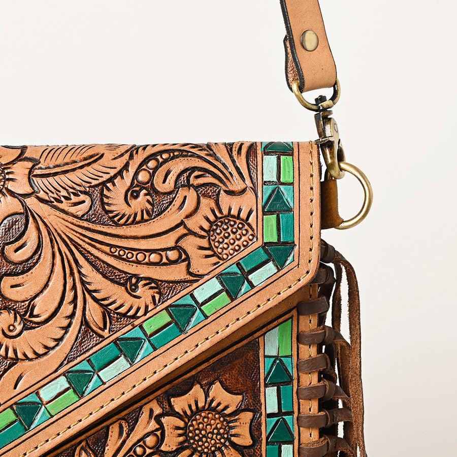 American Darling Envelope Bag, Hand Tooled Floral Carved Genuine Leather, Western Crossbody with Fringes & YKK Zipper