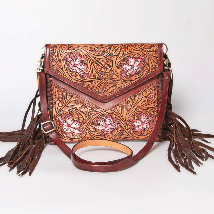 American Darling Envelope Bag, Hand Tooled Floral Carved Genuine Leather, Western Crossbody with Fringes & YKK Zipper