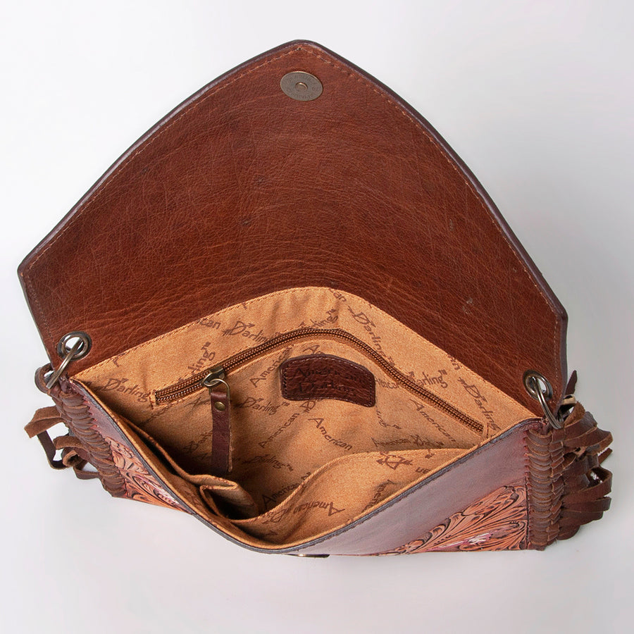 American Darling Envelope Bag, Hand Tooled Floral Carved Genuine Leather, Western Crossbody with Fringes & YKK Zipper