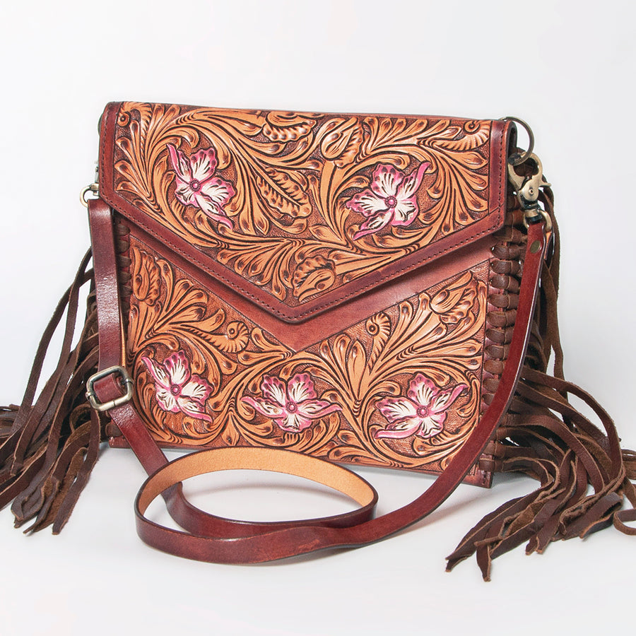 American Darling Western Leather Envelope - Hand Tooled Floral Carved Purse with Fringes - Uhorse