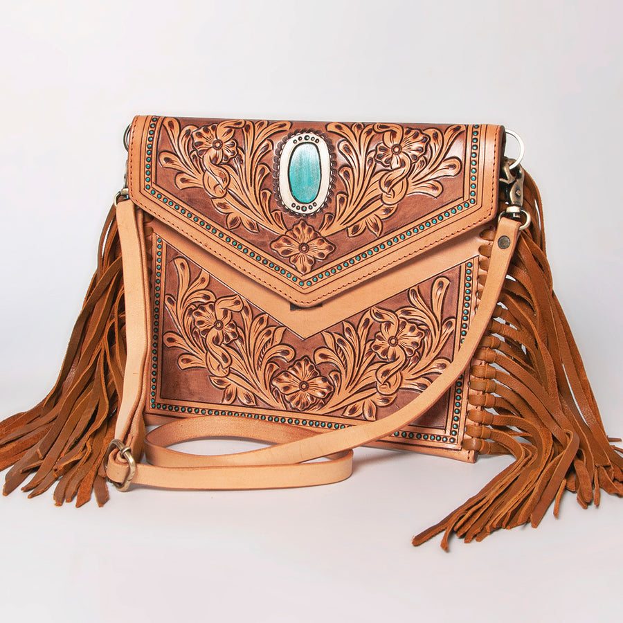American Darling Western Leather Envelope - Hand Tooled Floral Carved Purse with Fringes - Uhorse