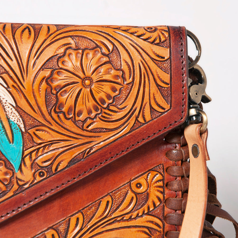 American Darling Envelope Bag, Hand Tooled Floral Carved Genuine Leather, Western Crossbody with Fringes & YKK Zipper