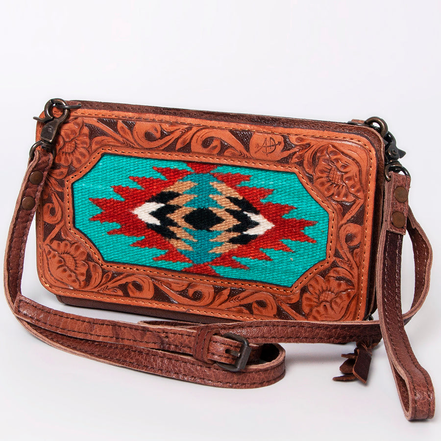 American Darling Hand Tooled Leather Cross body Bag with Woven Saddle Blanket - Uhorse