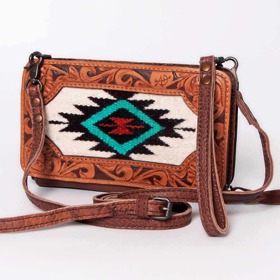 American Darling Hand Tooled Leather Cross body Bag with Woven Saddle Blanket - Uhorse