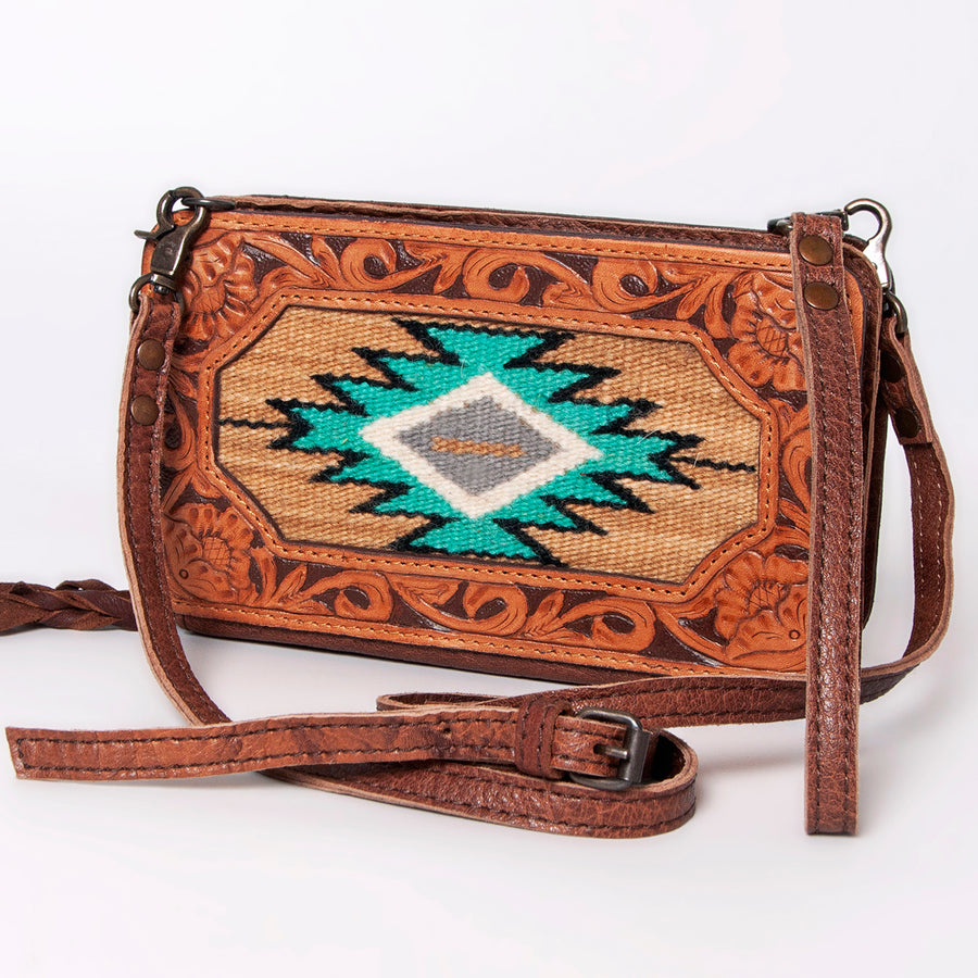 American Darling Hand Tooled Leather Cross body Bag with Woven Saddle Blanket - Uhorse