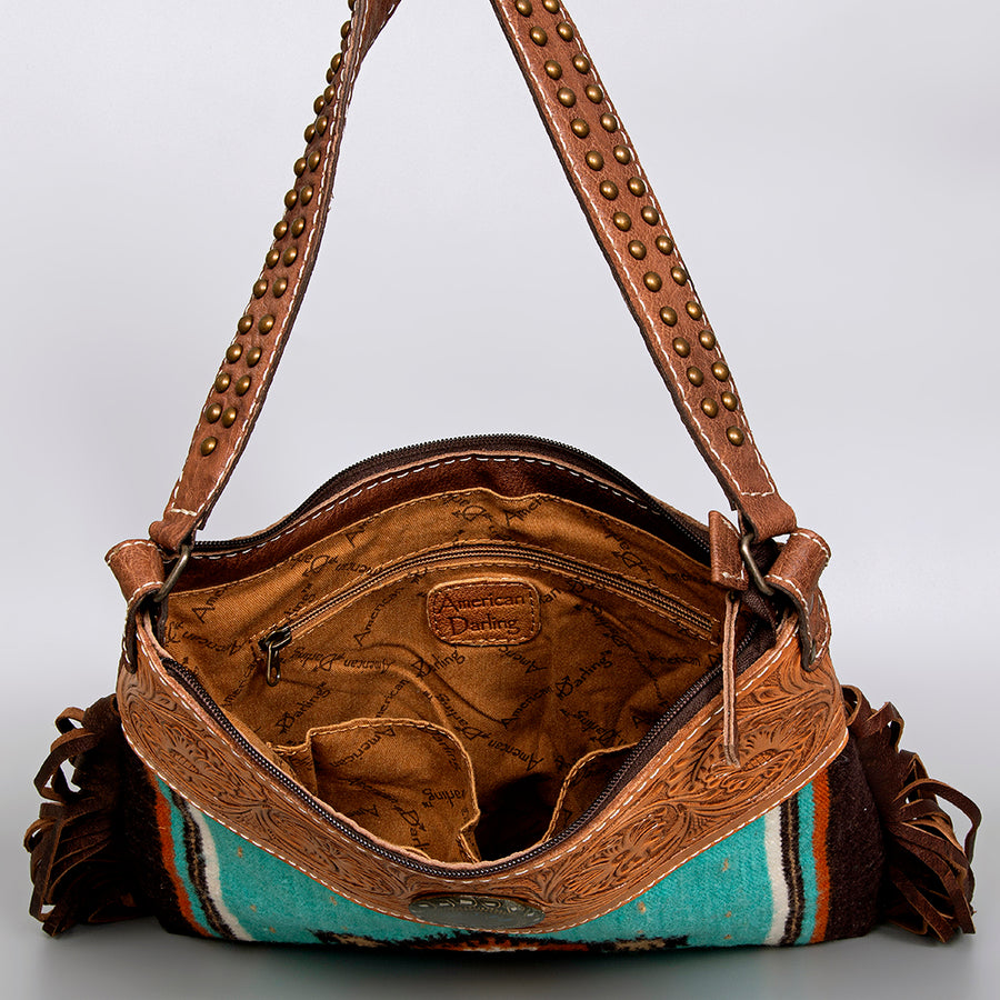 American Darling Western Shoulder Bag, Hand Tooled Floral Carved Leather with Fringes and Concho, Eco-Friendly Boho Purse