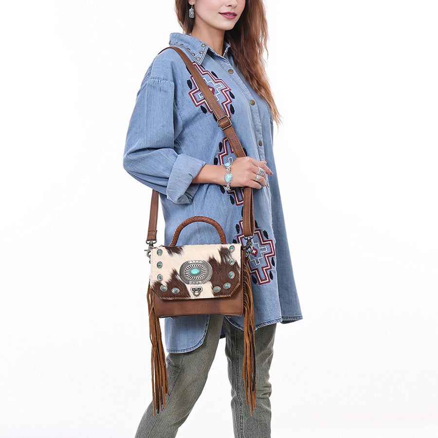 American Darling Western Messenger Bag, Hair-On Cowhide Full Grain Leather with Fringes and Concho, Handcrafted Boho Purse