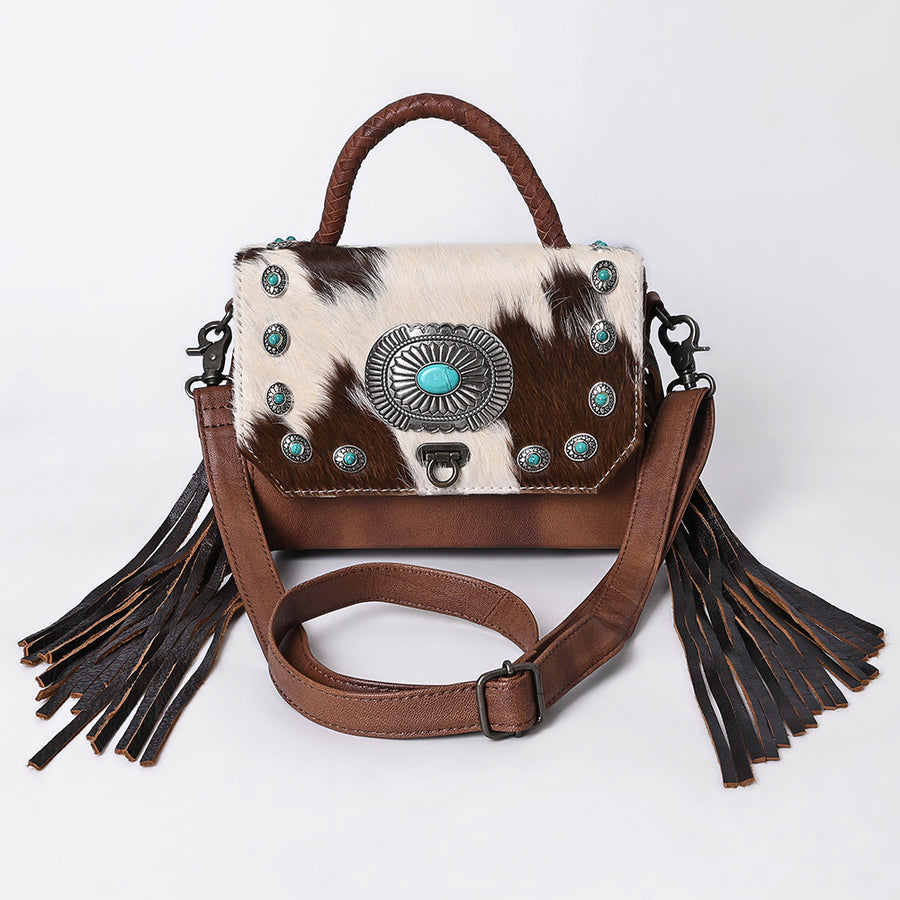 American Darling Western Messenger Bag, Hair-On Cowhide Full Grain Leather with Fringes and Concho, Handcrafted Boho Purse