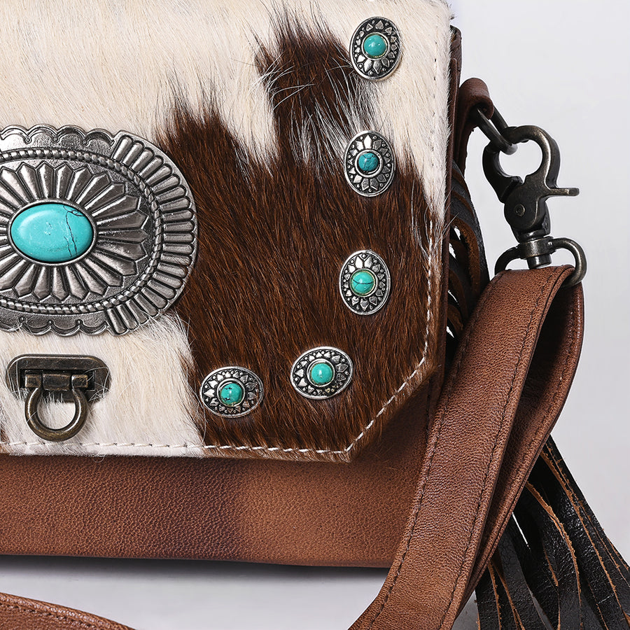 American Darling Western Messenger Bag, Hair-On Cowhide Full Grain Leather with Fringes and Concho, Handcrafted Boho Purse