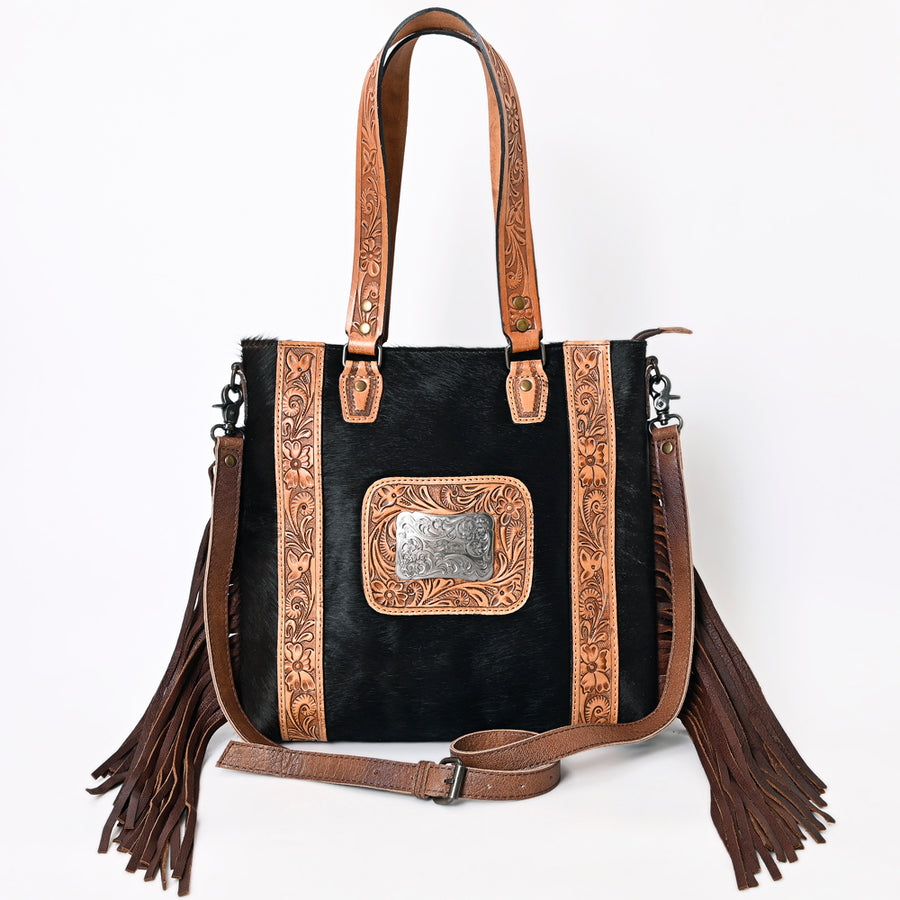 American Darling Tote Bag Genuine Leather Hand Tooled Floral Western Purse with Hair-On Cowhide Fringes and YKK Zipper