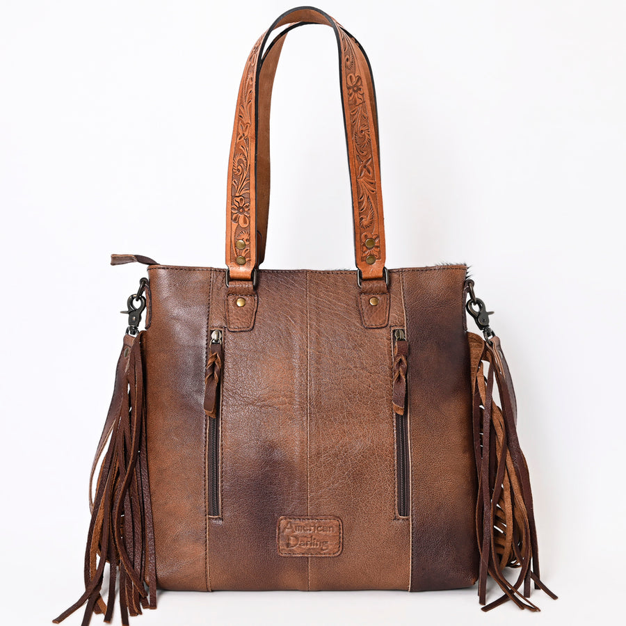 American Darling Tote Bag Genuine Leather Hand Tooled Floral Western Purse with Hair-On Cowhide Fringes and YKK Zipper
