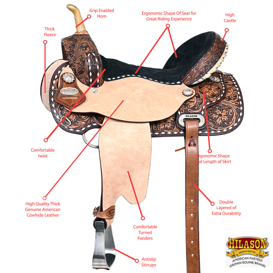 HILASON Flex Tree Western Horse Saddle in American Leather Barrel Trail | for Horses