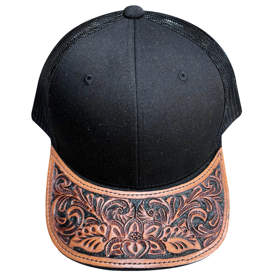 Black mesh trucker cap with tooled leather visor - Uhorse