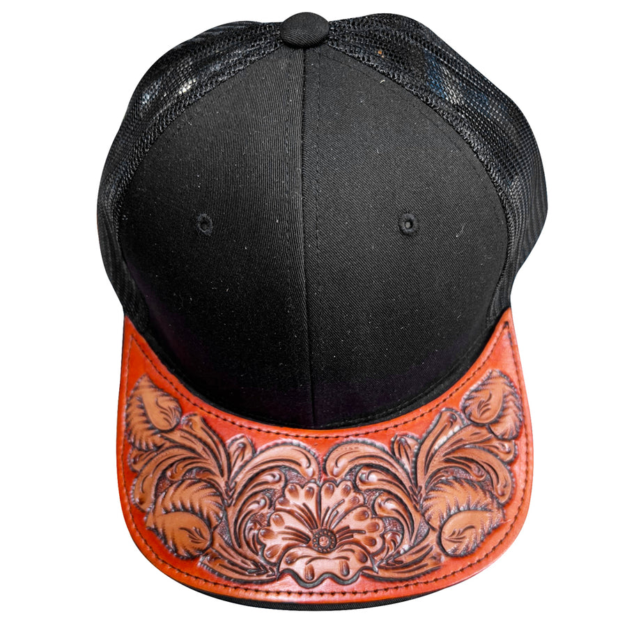 Black and tan leather tooled trucker cap - Uhorse