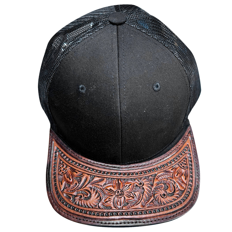 Black mesh trucker cap with tooled leather visor - Uhorse