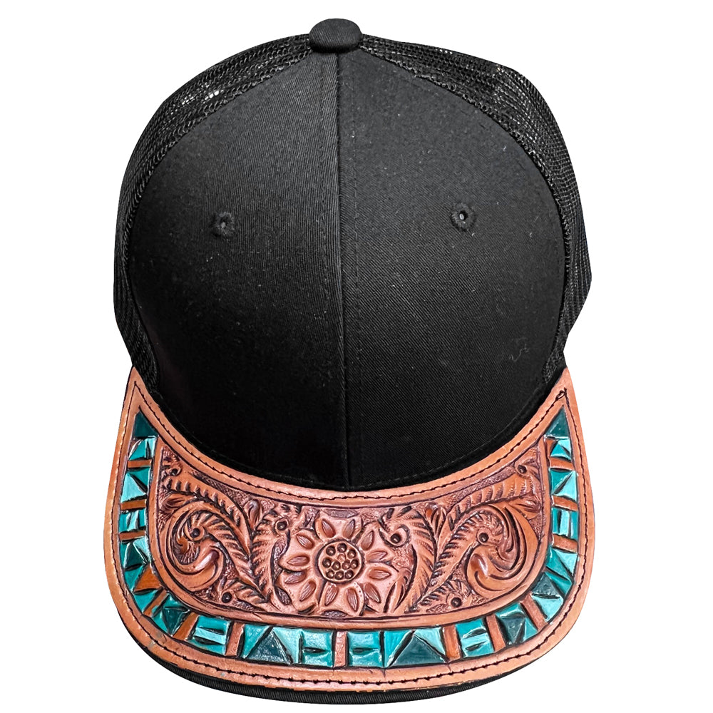 American Darling Men Women Adjustable Cap With Leather On Visor Black