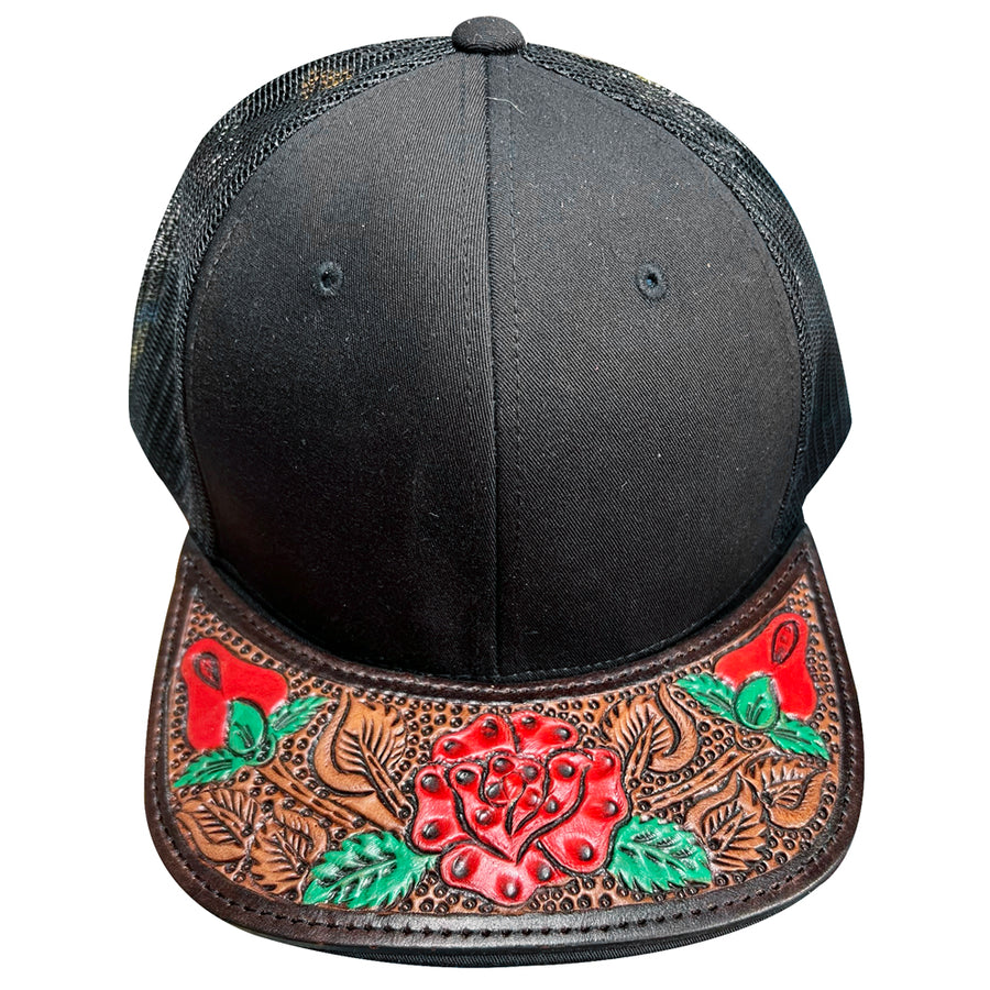 Black trucker cap with tooled leather floral visor - Uhorse
