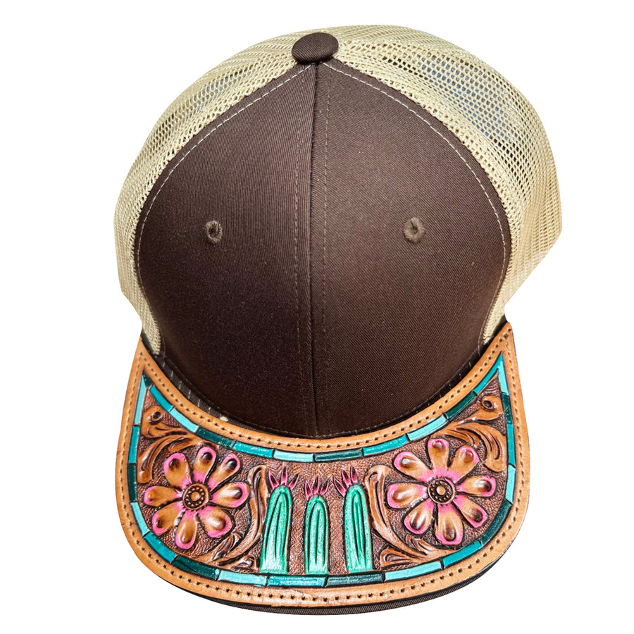 Brown and cream trucker hat with tooled leather visor - Uhorse
