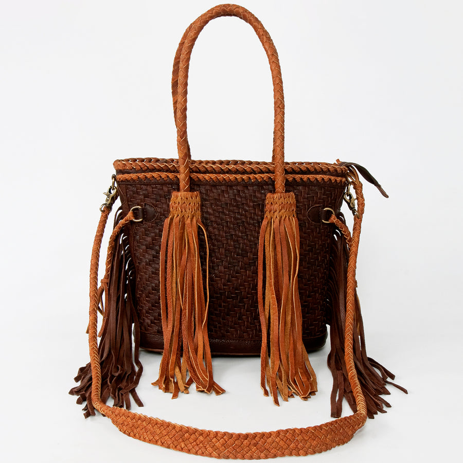 American Darling Tote Bag, Genuine Vegetable-Tanned Leather, Basket Weave Design with Fringes, Western Handcrafted Handbag