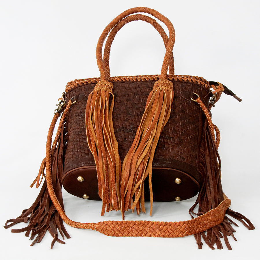 American Darling Tote Bag, Genuine Vegetable-Tanned Leather, Basket Weave Design with Fringes, Western Handcrafted Handbag