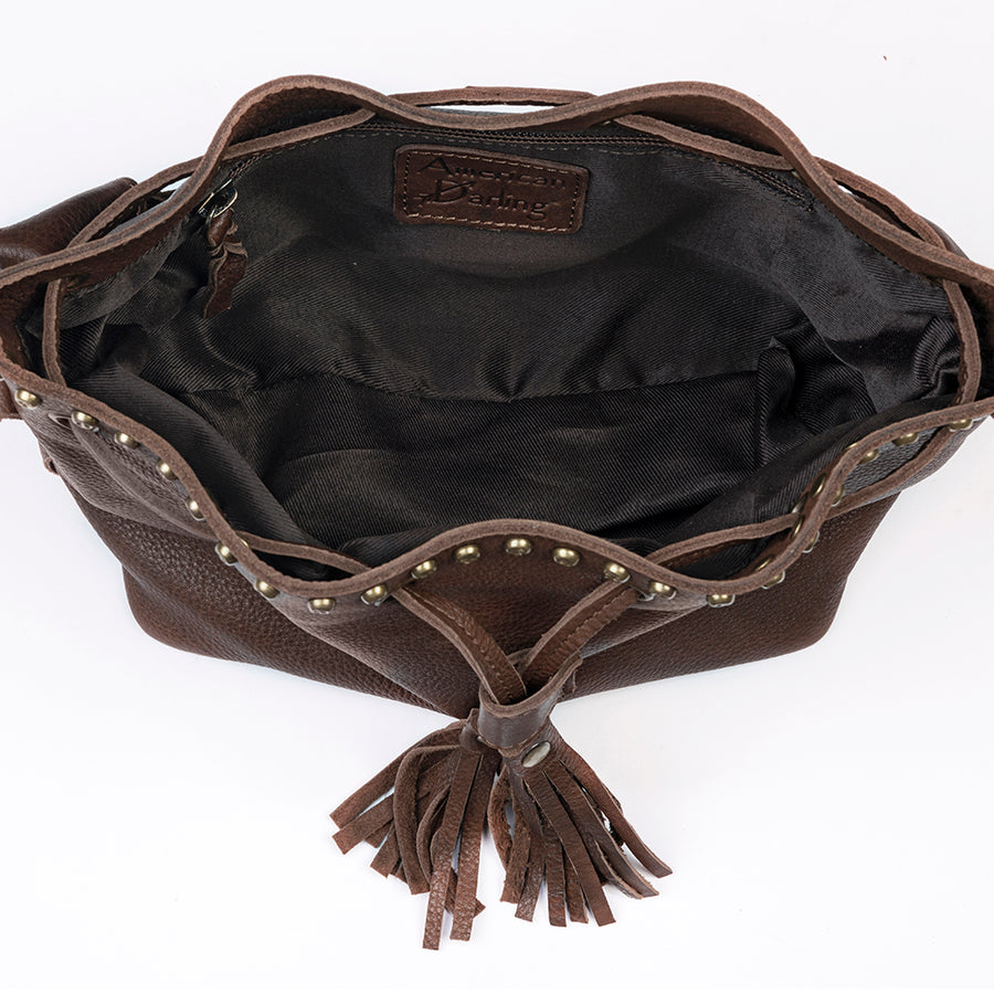 American Darling Bucket Bag, Genuine Vegetable Tanned Full Grain Leather, Rivetted Drawstring Purse, 6.5in X 11in X 4.5in