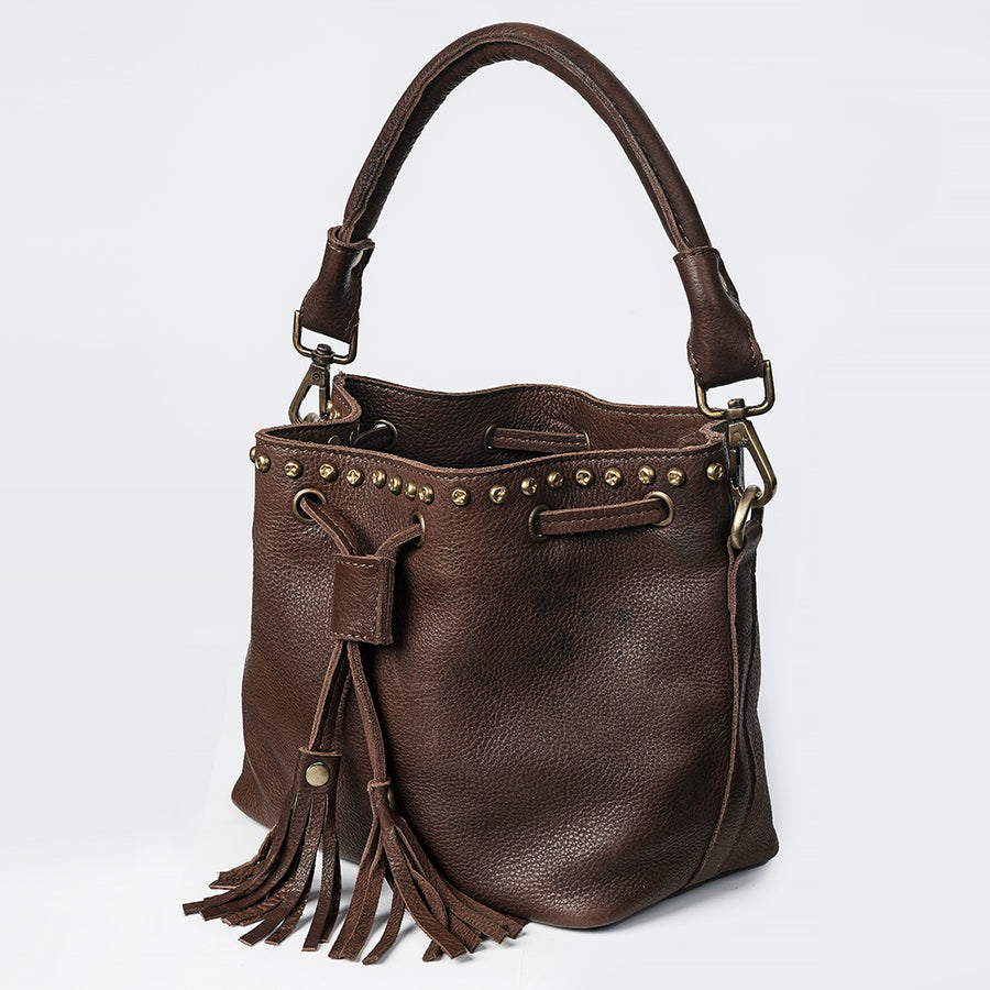 American Darling Handcrafted Western Leather Bucket Bag with Rivet Detailing - Uhorse