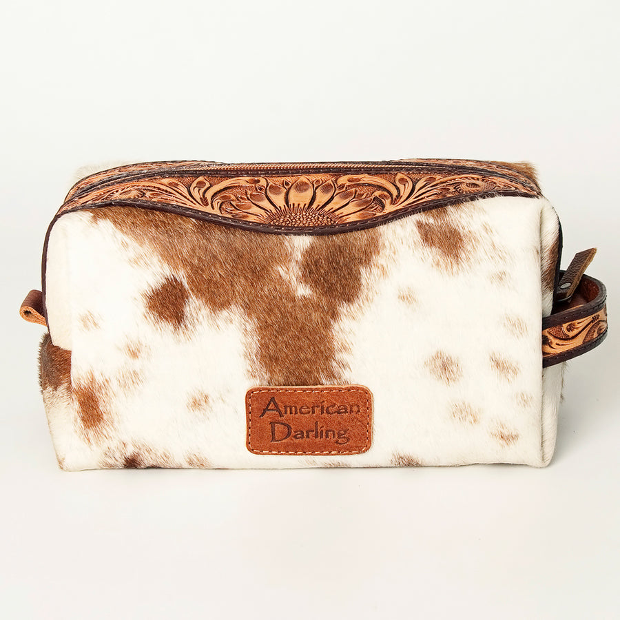 American Darling Toiletry Bag Genuine Leather Hand Tooled Floral Western Travel Kit with Hair-On Cowhide and YKK Zipper