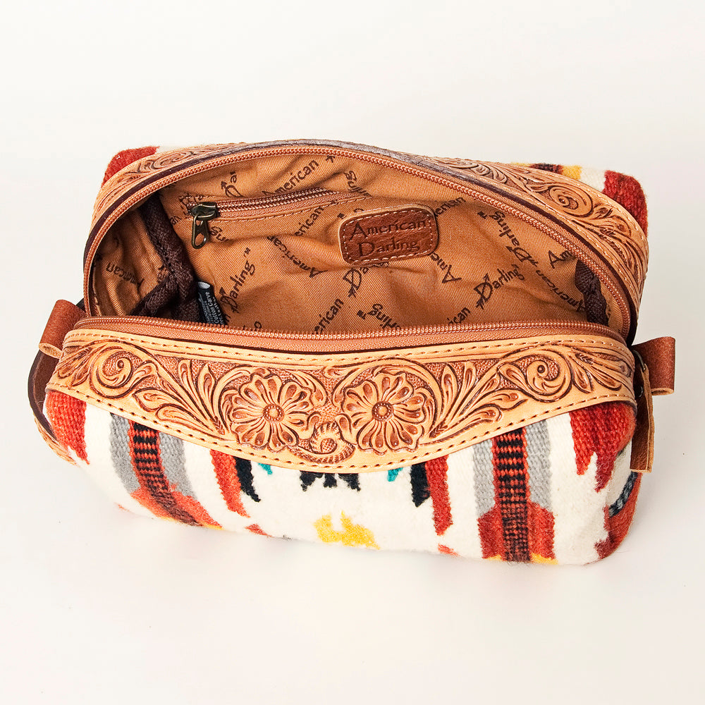 American Darling Toiletry Hand Tooled Saddle Blanket Fabric Genuine Leather Western Women Bag Handbag Purse | for Cute