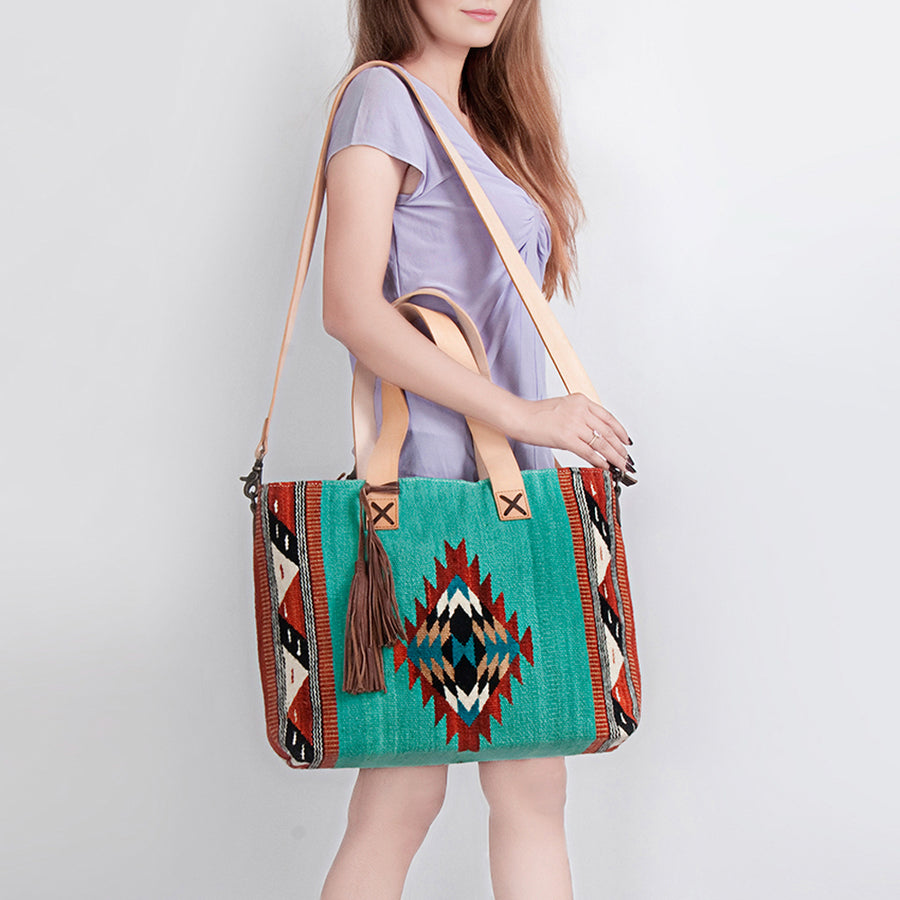 American Darling Tote Bag Hand Woven Saddle Blanket Genuine Leather Western Purse Large Shoulder Bag with YKK Zipper
