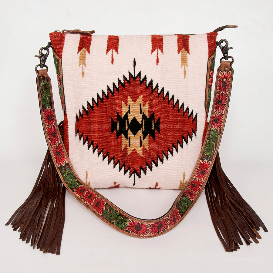 American Darling Cross body Bag Hand Woven Saddle Blanket Hand Tooled Western Leather Purse with Fringes 15in x 15in x 3in
