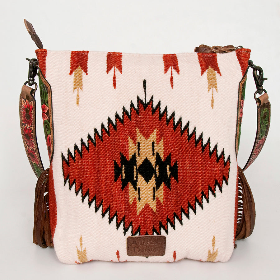 American Darling Cross body Bag Hand Woven Saddle Blanket Hand Tooled Western Leather Purse with Fringes 15in x 15in x 3in