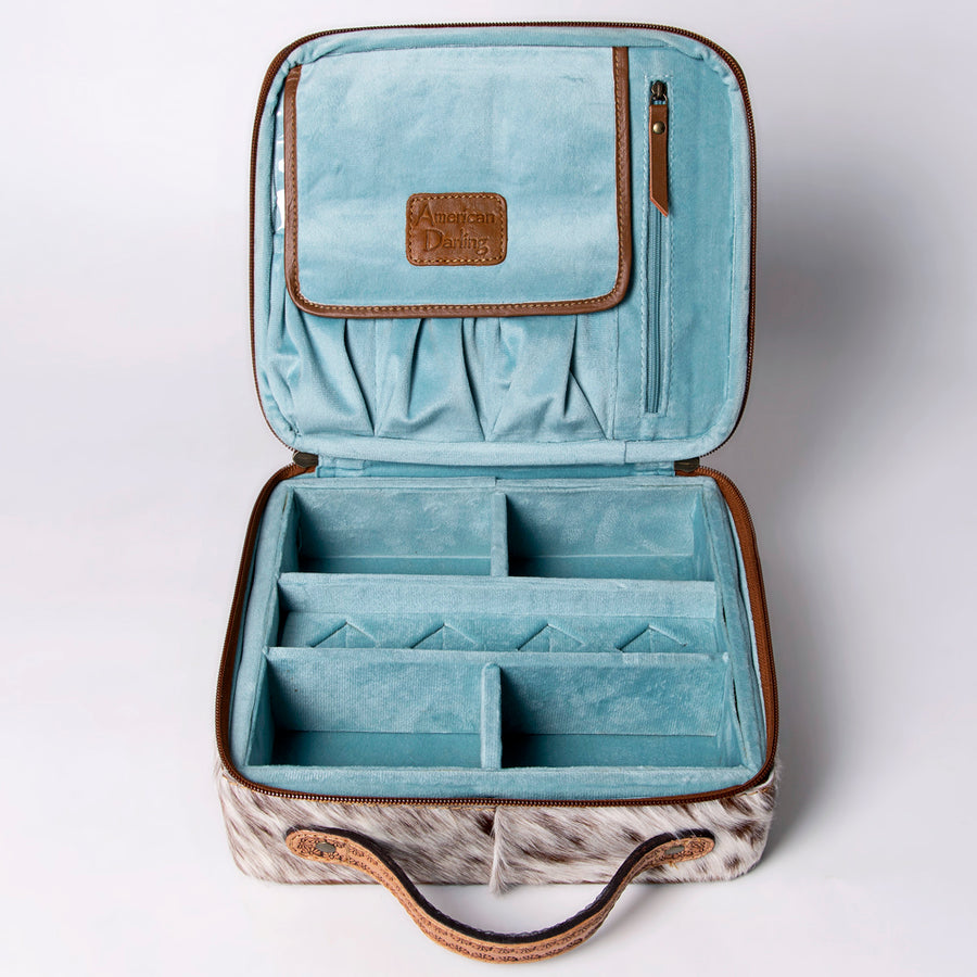 American Darling Jewelry Case for Women - Hair-On Cowhide, Hand Tooled Floral Carved Genuine Leather Travel Organizer