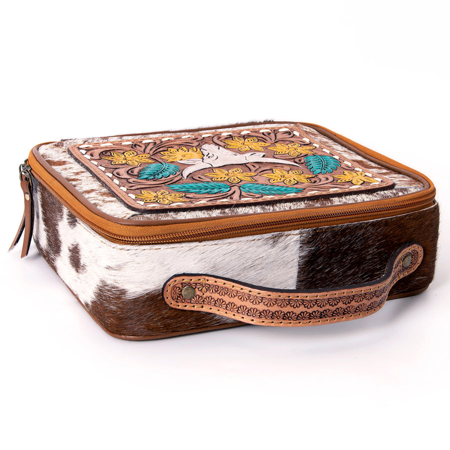 American Darling Jewelry Case for Women - Hair-On Cowhide, Hand Tooled Floral Carved Genuine Leather Travel Organizer