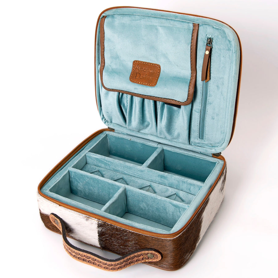 American Darling Jewelry Case for Women - Hair-On Cowhide, Hand Tooled Floral Carved Genuine Leather Travel Organizer