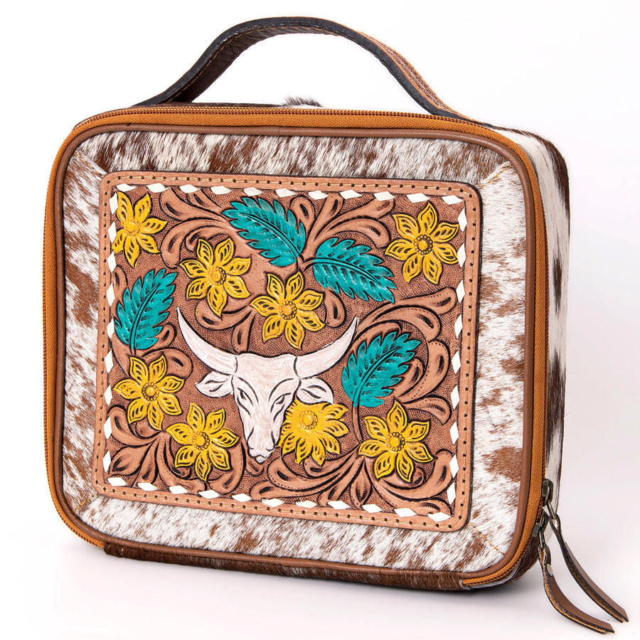 American Darling Western Hand Tooled Leather Hair-On Cowhide Jewelry Case - Uhorse