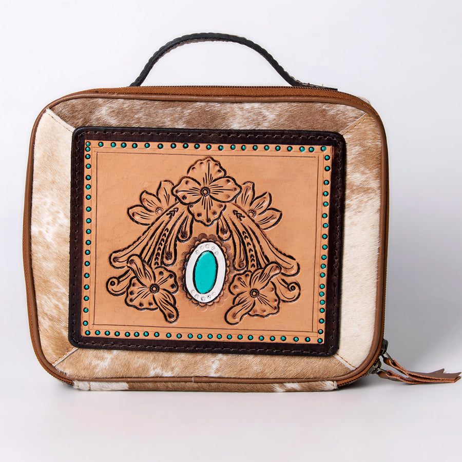 American Darling Jewelry Case for Women - Hair-On Cowhide, Hand Tooled Floral Carved Genuine Leather Travel Organizer