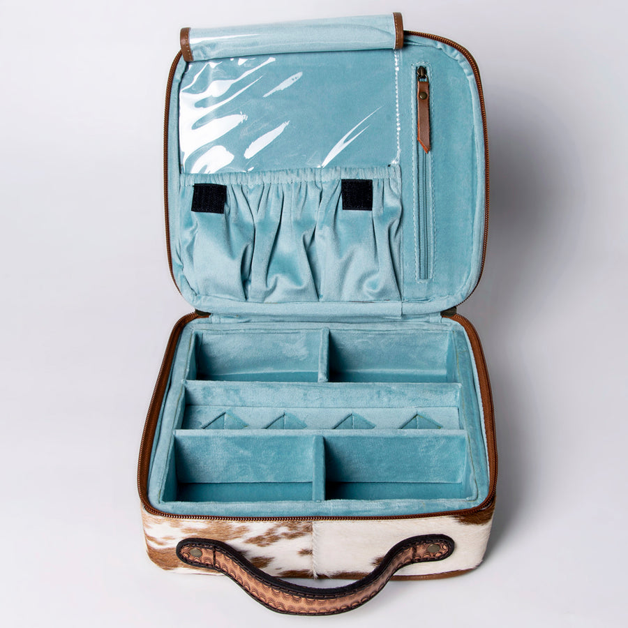 American Darling Jewelry Case for Women - Hair-On Cowhide, Hand Tooled Floral Carved Genuine Leather Travel Organizer