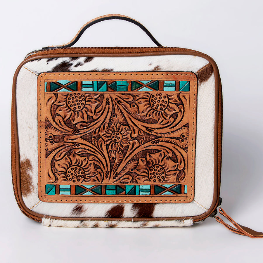 American Darling Jewelry Case for Women - Hair-On Cowhide, Hand Tooled Floral Carved Genuine Leather Travel Organizer
