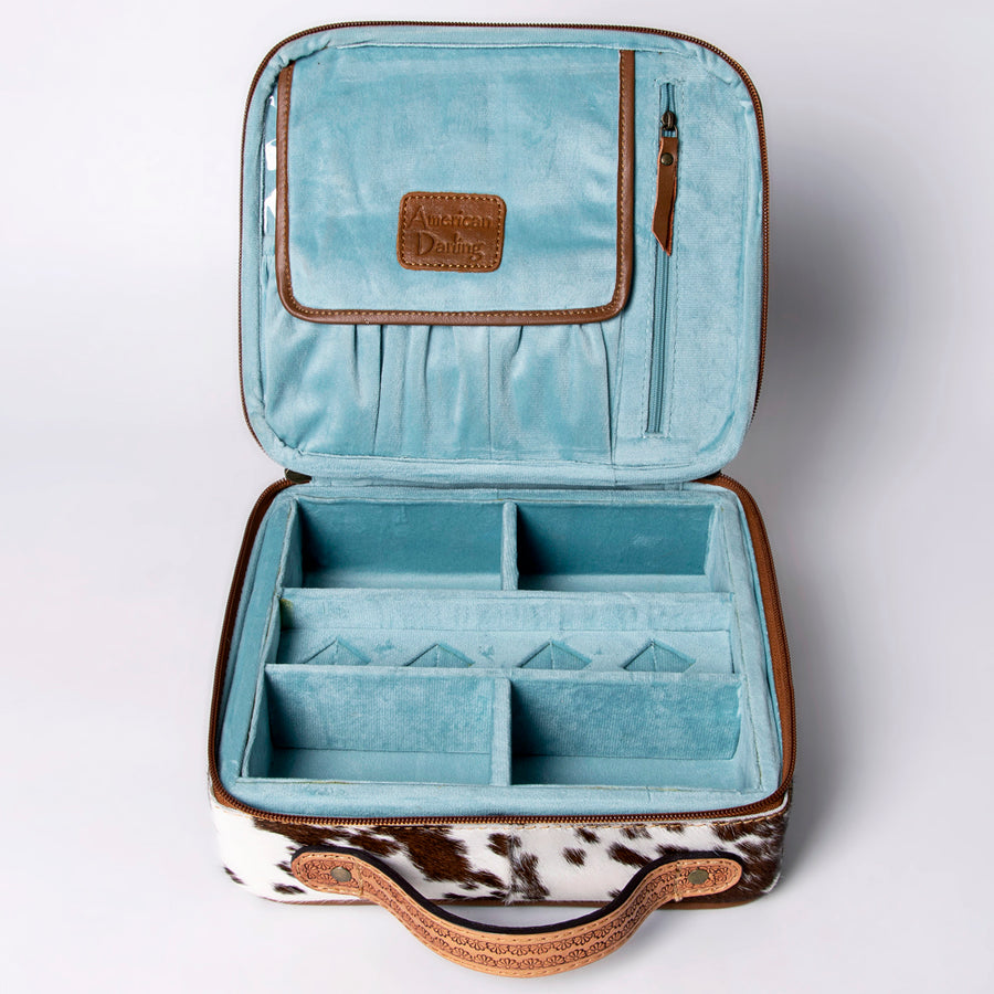American Darling Jewelry Case for Women - Hair-On Cowhide, Hand Tooled Floral Carved Genuine Leather Travel Organizer