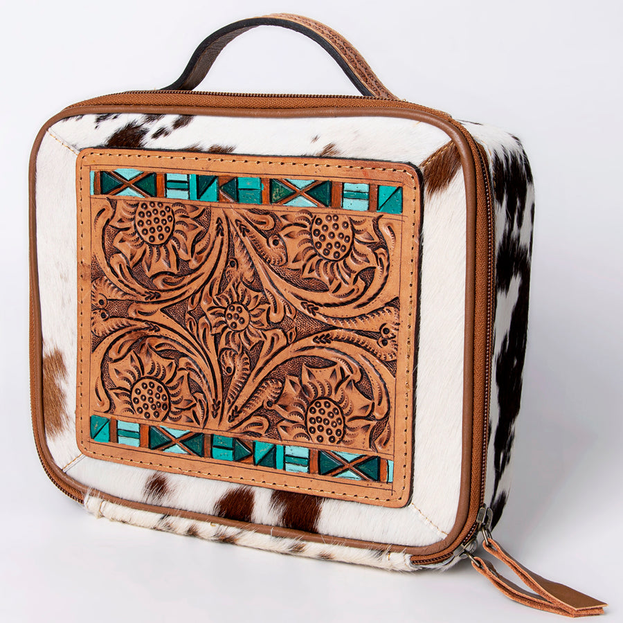 American Darling Western Hand Tooled Leather Hair-On Cowhide Jewelry Case - Uhorse