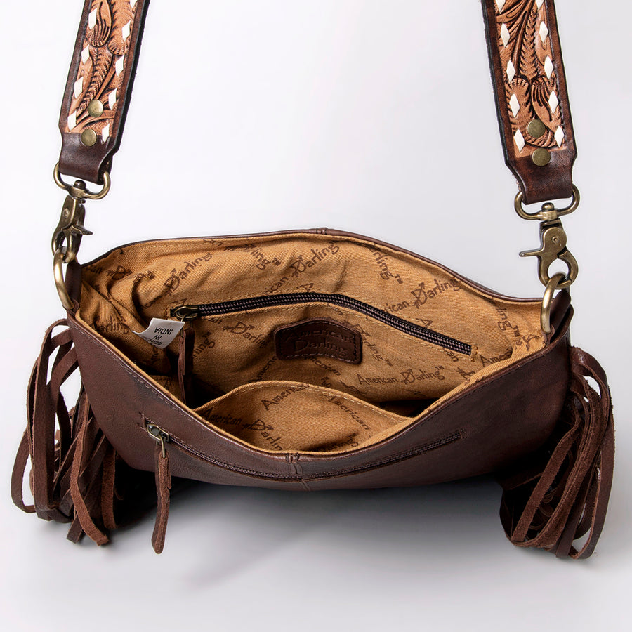 American Darling Messenger Hand Tooled Floral Carved Genuine Leather with Fringes Buck Stitched Western Accessories