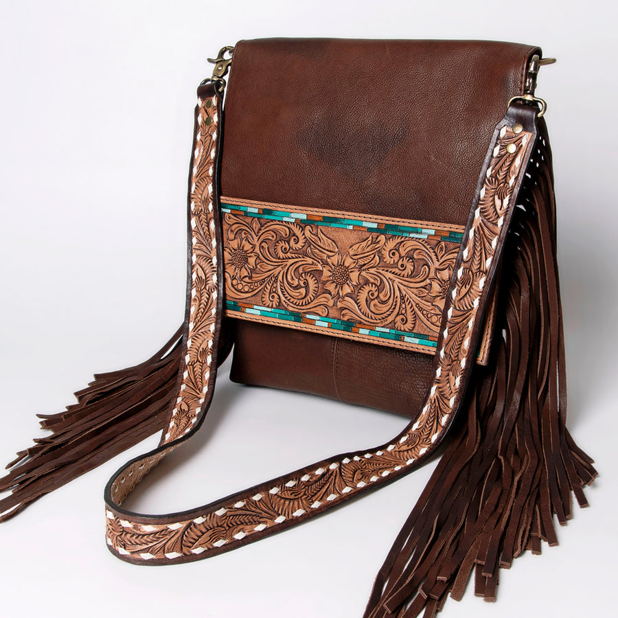 American Darling Messenger Hand Tooled Floral Carved Genuine Leather with Fringes Buck Stitched Western Accessories
