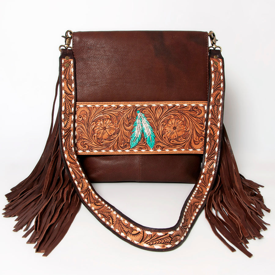 American Darling Messenger Hand Tooled Floral Carved Genuine Leather with Fringes Buck Stitched Western Accessories