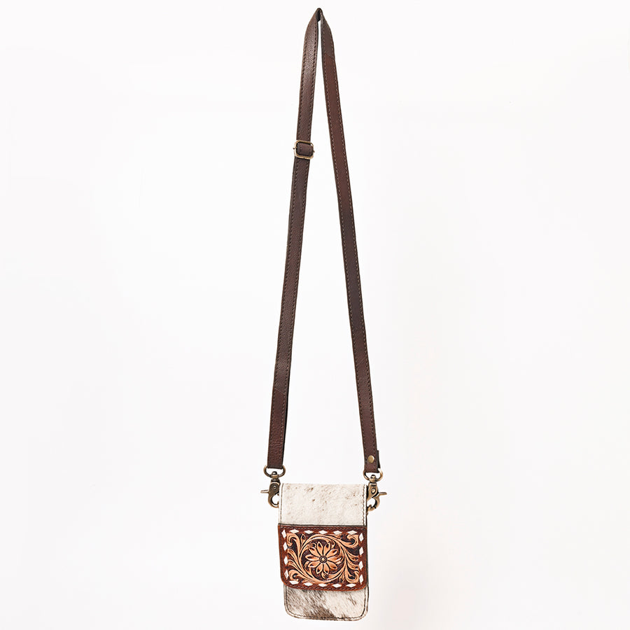 American Darling Cell phone Holder, Hand Tooled Floral Leather, Hair-On Cowhide, Western Crossbody Phone Purse for Women