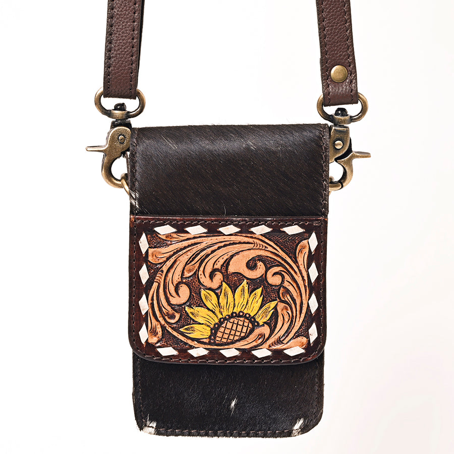American Darling Cell phone Holder, Hand Tooled Floral Leather, Hair-On Cowhide, Western Crossbody Phone Purse for Women