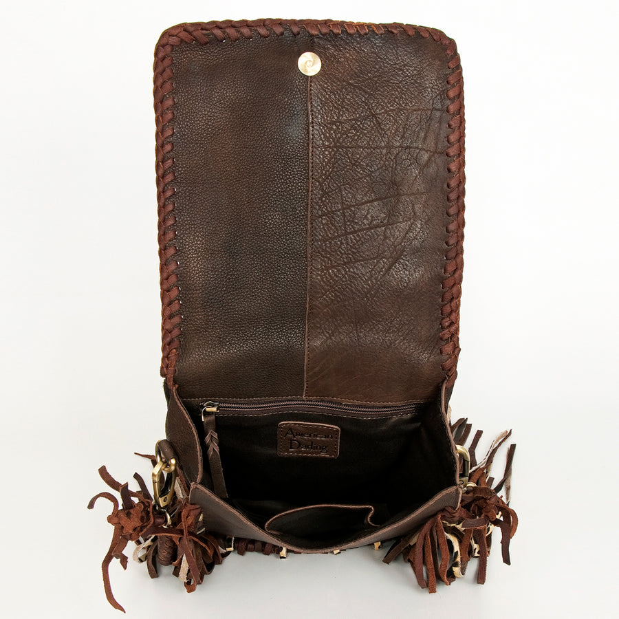 American Darling Messenger Bag Western Genuine Leather Handcrafted Purse with Fringes and Turquoise Stone