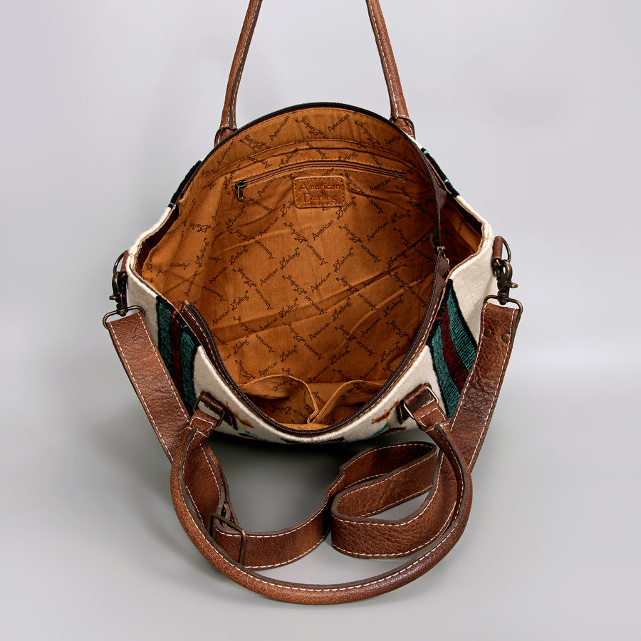 American Darling Handwoven Saddle Blanket Tote Bag – Western Tote with Genuine Leather Handles & Artisan Crafted Large Bag